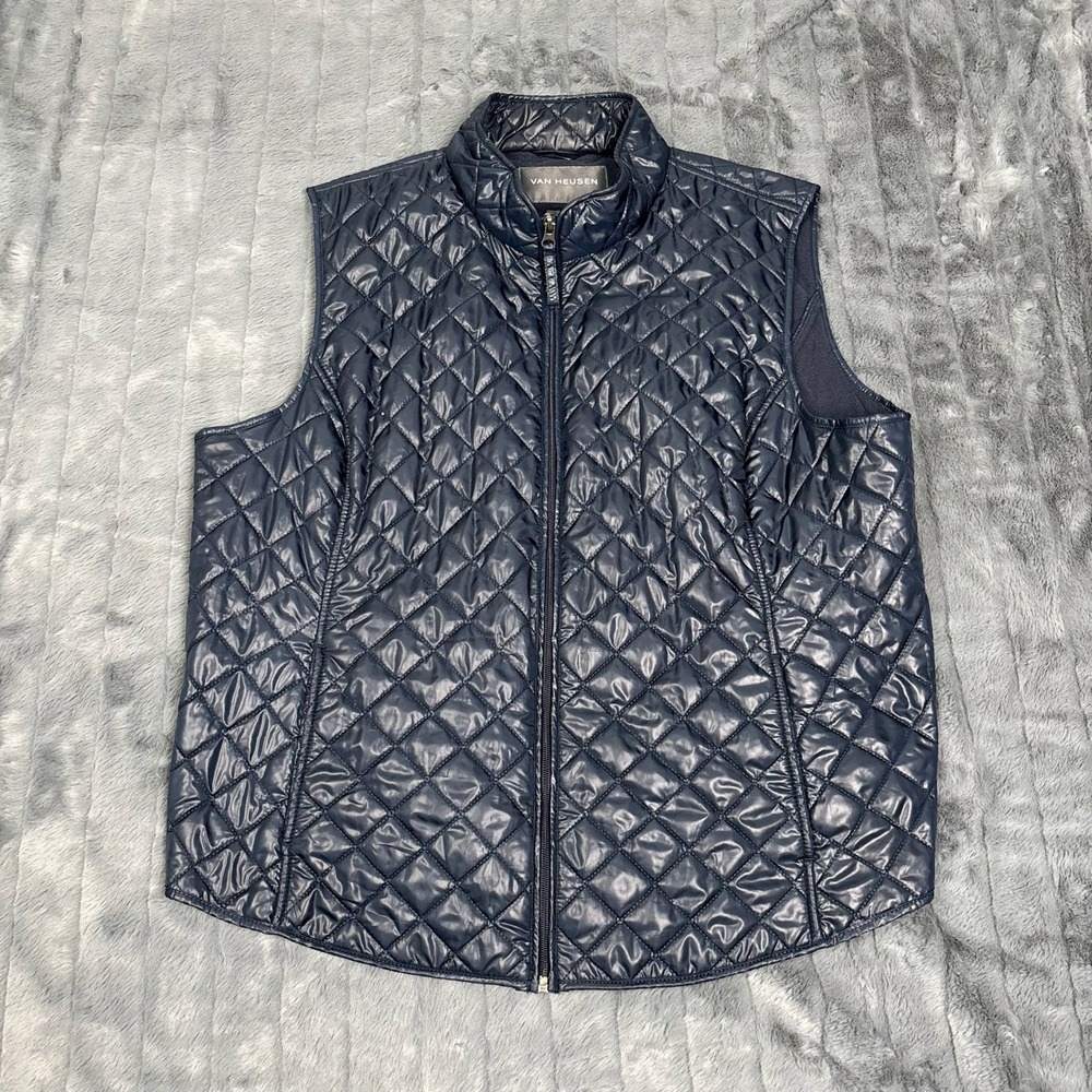 Van Heusen Mens XXL Navy Blue Quilted Diamond Puffer Vest Full Zip Fleece Lined